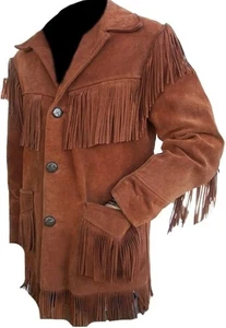 Brown Western Suede Leather Mens Native American Cowboy Fringe Jacket Tassels - Picture 1 of 4