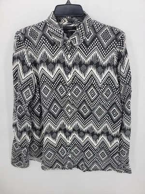 Blusa feminina J Crew linho ajuste menino 12 preta marfim asteca tribal boho manga longa - Imagem 1 de 4