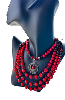 Ukrainian Statement Necklace – Handmade Red and Black Howlite Jewelry – Ethnic M - Image 1 of 4