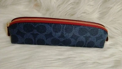 Coach Signature Canvas CZ206 Slim Zip Gold Denim Red Pencil Brush Makeup Case - Image 1 of 4