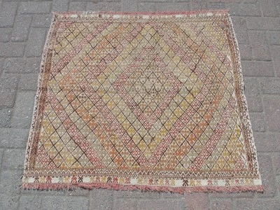 Kilim turco cuadrado bohemio hecho a mano a rayas pequeño - alfombras para pasillo Foto 1 de 4