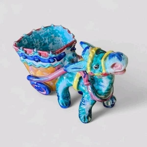 Vintage Italian Majolica Donkey Cart Planter Hand Painted Pottery 8" Signed - Picture 1 of 9
