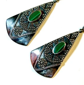 Vintage Sterling Silver 925 Malachite Dangle Earrings FREE SHIPPING - Picture 1 of 10