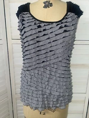 AB Studio Black White Sleeveless Ruffle Front Blouse Poly Blend - Image 1 of 4