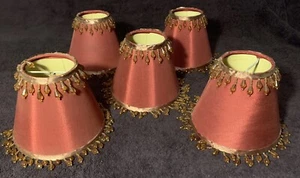 5 Antique Clip-on Mini Lamp Shades Burgundy Silky Shade Gold Color Beads 5”T 6”D - Picture 1 of 12