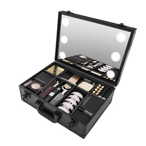 Travel Makeup Train Case Cosmetic Bag Makeup Bag with Mirror LED Light Black - Picture 1 of 18