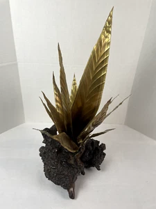Vintage MCM 25" Tall Burl Wood Candle Holder Brass Sculpture RARE - Picture 1 of 8