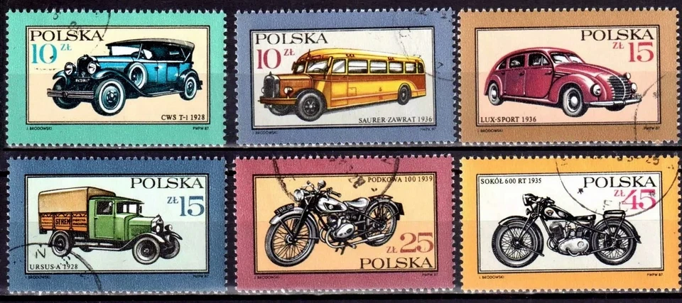 POLAND POLSKA 1987 Motor Vehicles -old transport history  Mi 3092-97 - used - Image 1 of 1