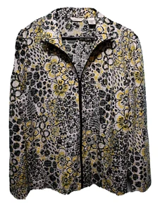 ♈Woman's Clear squares Zip up Jacket by Laura Ashley size L~yellow/black flora - Picture 1 of 3