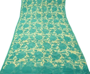 Sushila Vintage weißer Sari 100 % reine Georgette Seide bedruckt Blumen Handarbeit Stoff - Bild 1 von 9