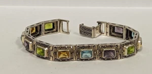 Very Unique Vintage .925 Sterling Silver Marcasite Multi Colored stone Bracelet. - Picture 1 of 9