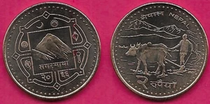 NEPAL 2 RUPEES 2009 UNC FARMER PLOUGHING WITH WATER BUFFALOS,MOUNT EVEREST AND S - Picture 1 of 1