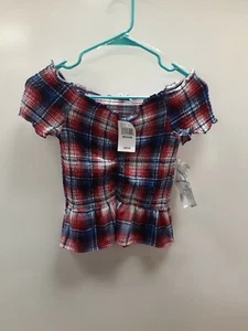 Crave Fame by Almost Famous Short-Sleeve Navy/Wine Plaid Blouse, Size m Medium - Picture 1 of 6