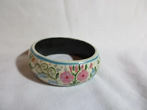 Vintage Floral Painted Wood Cuff Bracelet 7" for Medium Fist and Wrist Unmarked - Picture 1 of 3