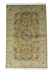 One of a Kind Soft Silk Wool Traditional Turkish 4x6 Green Hand Knotted Area Rug - Picture 1 of 5