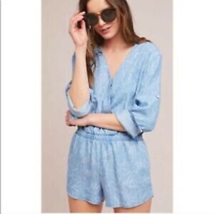 Anthropologie Cloth & Stone Chambray Romper Blue White Women's Size Small 