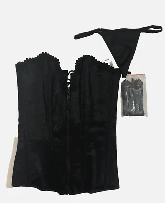 Frederick’s Of Hollywood sexy Black Satin front zipper w/panties Corset Size S - Image 1 of 4