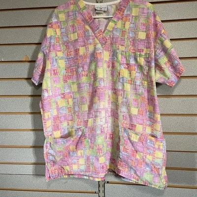 Peaches Uniforms Womens Scrub Top Pink Yellow Green Plaid Square V Neck XL - Image 1 of 4