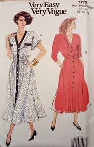 VOGUE 7772 Vintage 90er KLEID Blouson sehr locker elastischer Bund 14 16 18 ungeschnittenes Muster - Bild 1 von 8