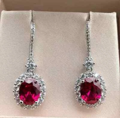 2Ct Oval Cut Lab-Created Ruby Diamond Women's Drop/Dangle 14K White Gold Plated - Image 1 of 4