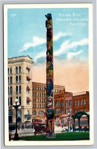 Totem Pole Pioneer Square Seattle WA People vintage bordo bianco ferrovie dello Stato cartolina inutilizzata - Foto 1 di 2