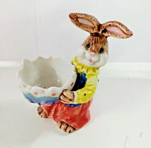 Vintage Ceramic Brown Easter Bunny Rabbit Holding Eggshell Egg Holder 4.5" Tall - Picture 1 of 9