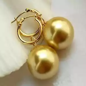 Wedding Huge 14 mm Shell Pearl 18K Gold Hoop Dangle Earrings Women Ear stud - Picture 1 of 2