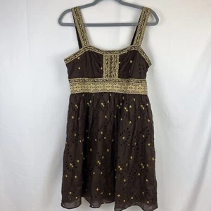 Vintage Moda International Brown And Gold Embroidery Babydoll Dress Size 10 - Picture 1 of 10