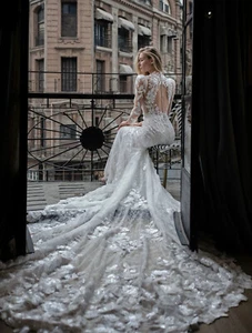 2025 NEW! Lace V Neck Mermaid Wedding Dress, Long Sleeves Button Back - Picture 1 of 14