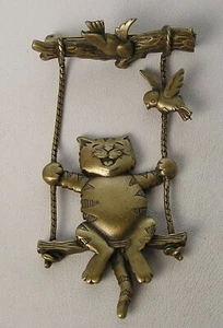Vintage J.J. Jonet Cat on a Swing with Birds Brushed Antiqued Gold Tone Pin - Picture 1 of 5