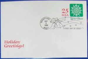 2 USA FDC 25¢ stamp HOLIDAY GREETINGS, Snowflake AZ  1988. - Picture 1 of 2
