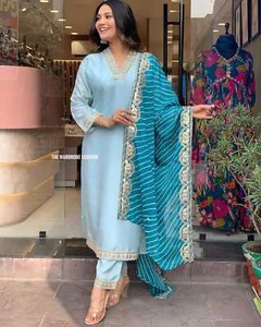 Elegante pantalón kurta bordado pakistaní elegante chanderi con conjunto lehriya dupatta - Imagen 1 de 8