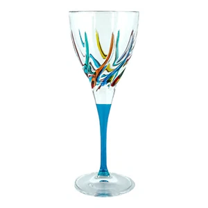 Murano Wine Glass Hand Painted Blue Stem Red Green Venice Italy - Picture 1 of 5
