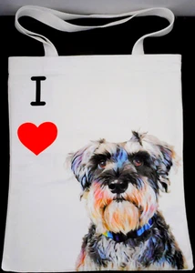 Dog Tote Bag White w/ I Heart/Love Schnauzer Soft Canvas Pocket Snap  17x14.5 #4 - Picture 1 of 7