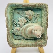 Vintage Artisan Signed Hand Made Dog in Garden Green Tone Small Plaque 3D Relief