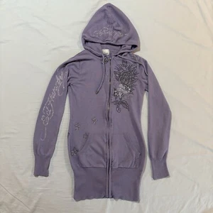 Vintage Ed Hardy Women’s Y2K Full Zip Hoodie Sz S Slim Bedazzled Purple - Picture 1 of 16