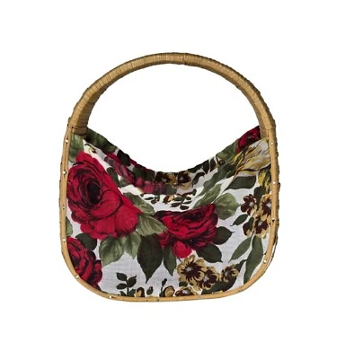 Cartera de tela de mimbre vintage cesta de tejer flores decoración años 40 50 11" X 9" Foto 1 de 4