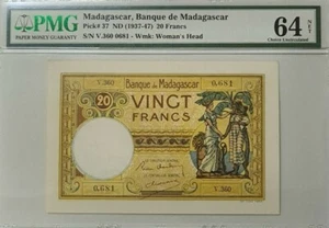 1937 -47 MADAGASCAR 20 Francs PMG64 NET UNC {P-37} 'Banque de Madagascar' - Picture 1 of 4