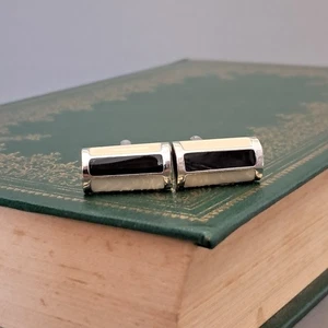 Black and cream enamel bar design Vintage cufflinks stainless steel LL-259 - Picture 1 of 3