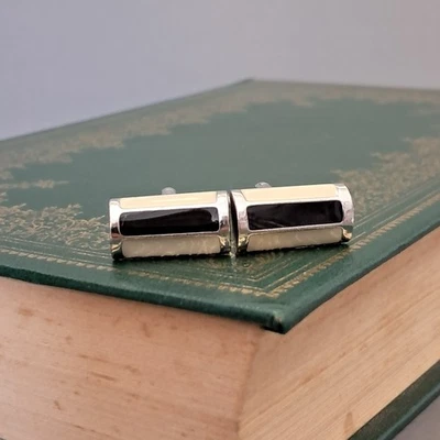 Black and cream enamel bar design Vintage cufflinks stainless steel LL-259 - Image 1 of 3