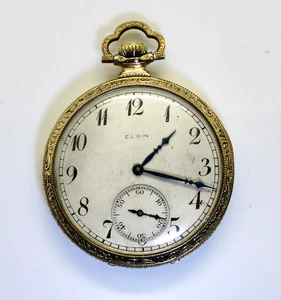 Antique 1924 15J Elgin Pocket Watch GP, Size 12, Model 3, Engraved Masonic Logo - Picture 1 of 4