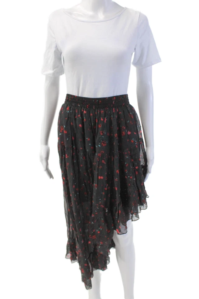 IRO Women's Elasttic Waist Tiered Hi-Lo Hem Maxi Skirt Black Floral Size 38 - Image 1 of 4