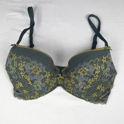 Adore Me 32DD Lace Plunge Bra Gray Olive Floral Gold Accents Comfortable - Image 1 of 4