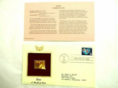 Love-A World of Peace- 22k Gold Stamp Replica 1st Day Issue 5,9,1991 - Image 1 of 4