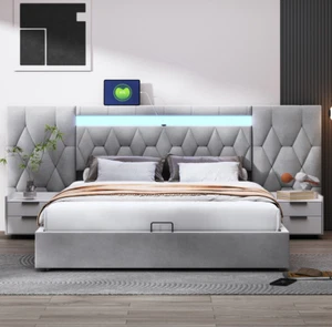 Polsterbett 180x200cm Doppelbett Bettgestell mit groß Kopfteil & LED-Beleuchtung - Bild 1 von 9