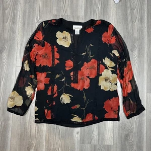 New York City Design Co Women's Black Red Floral Silk Blouse - Picture 1 of 7