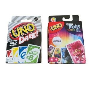 Juego de cartas Uno Dare & Trolls World Tour conjunto de 2 nuevo en paquete  - Imagen 1 de 13