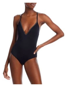 AQUA SWIM Women's Black V-Neck Rhinestones No Padding One Piece Swimsuit S - Picture 1 of 6
