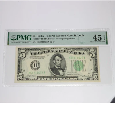 1934 A PMG Choice XF45 EPQ - Federal Reserve $5 Dollar St. Louis US Note #56647F - Image 1 of 3