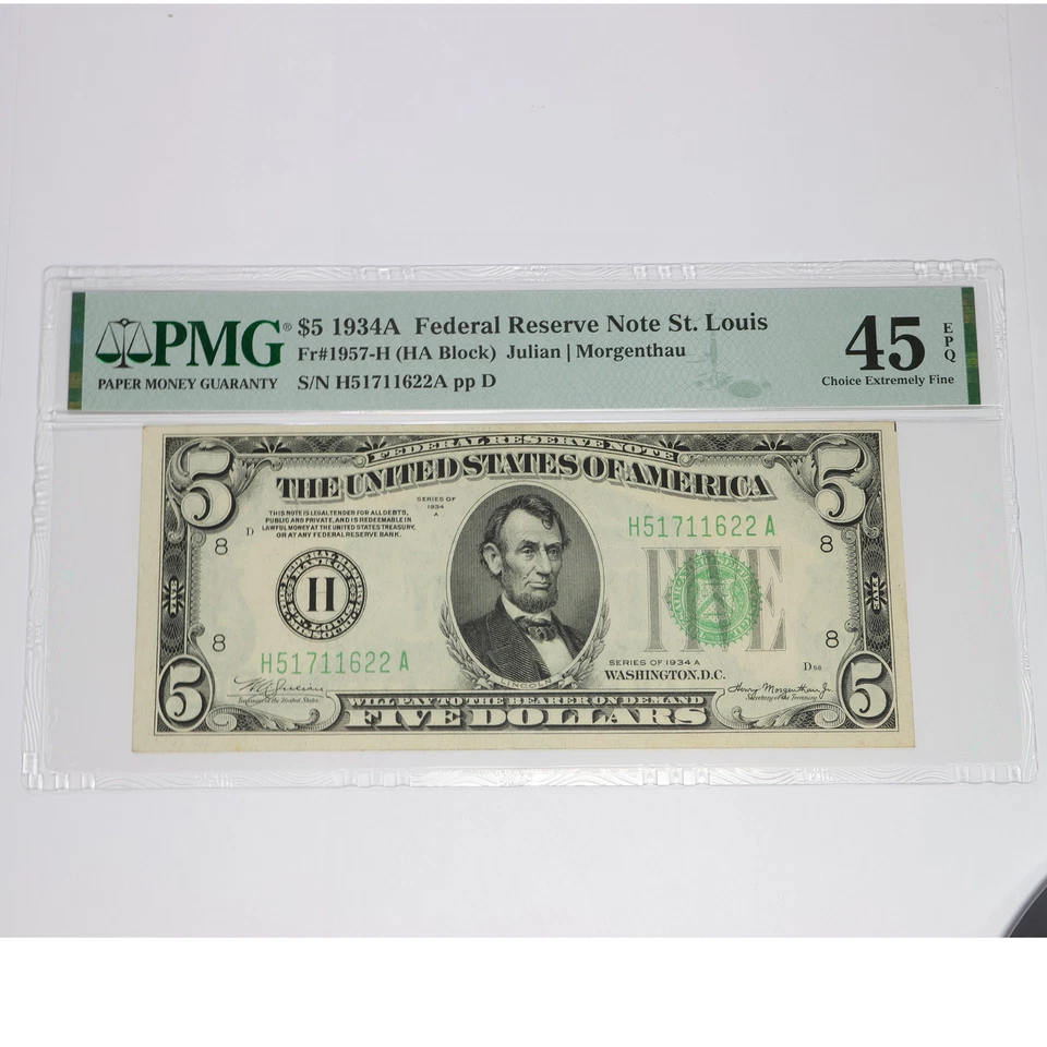 1934 A PMG Choice XF45 EPQ - Federal Reserve $5 Dollar St. Louis US Note #56647F - Image 1 of 3